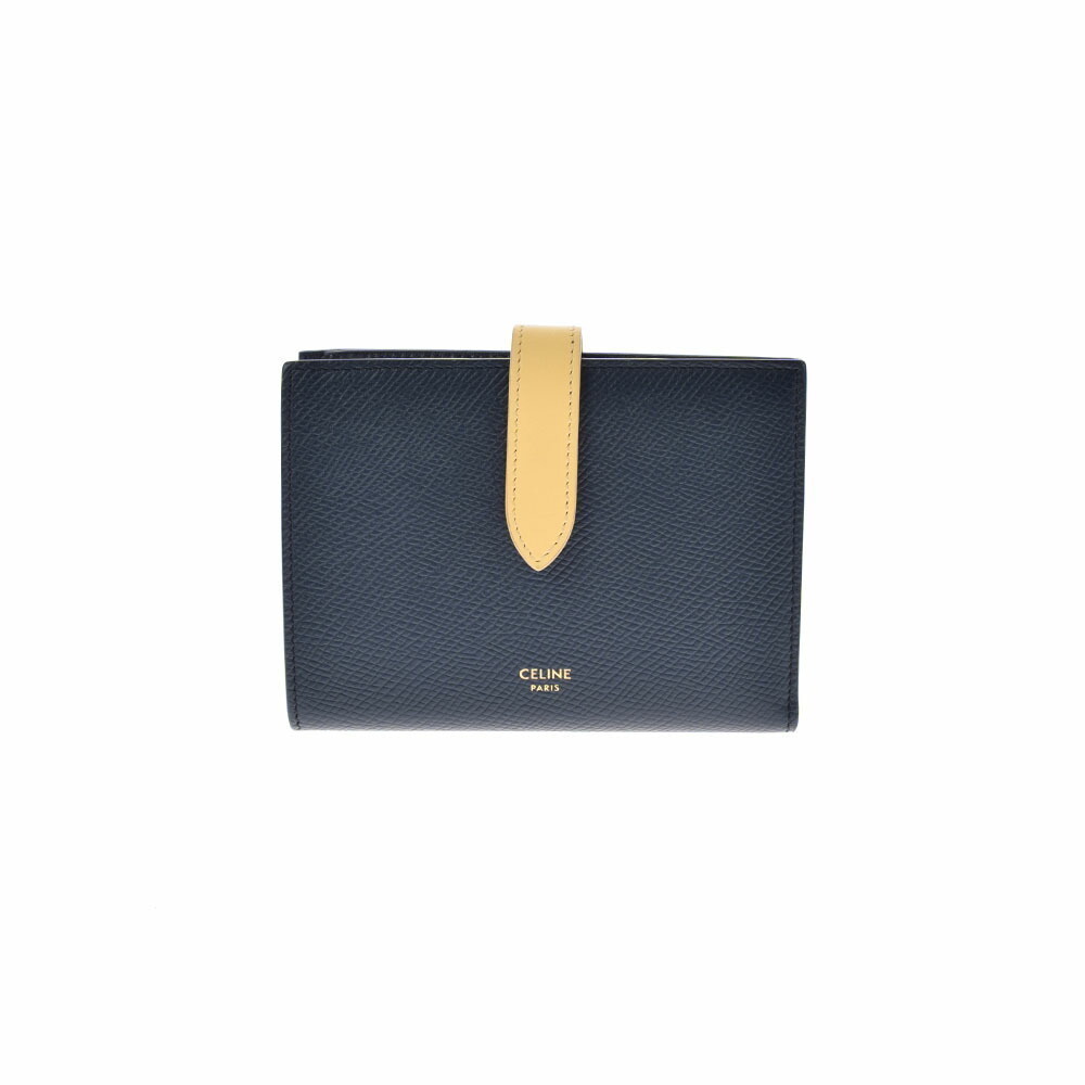 Celine Strap Wallet Navy Blue Beige Calfskin Leather Bi fold